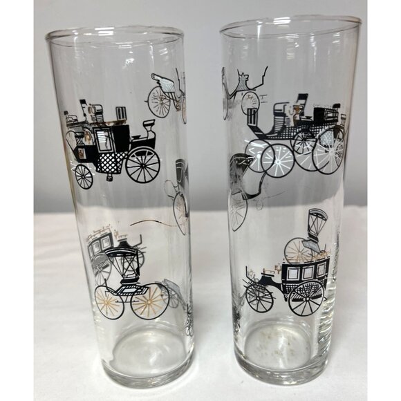 Pair Vtg LIbby Black Gold Carriage Drinking Glasses High Ball Bar Tom CollinsPre - Picture 2 of 4